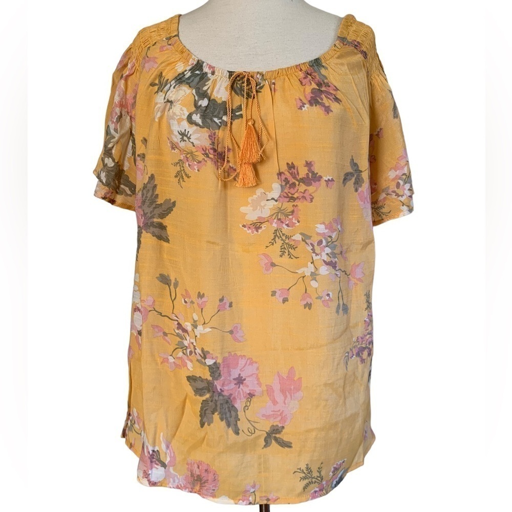 HARVE BENARD 3X Plus Size Yellow Pink floral Peasant top blouse shirt